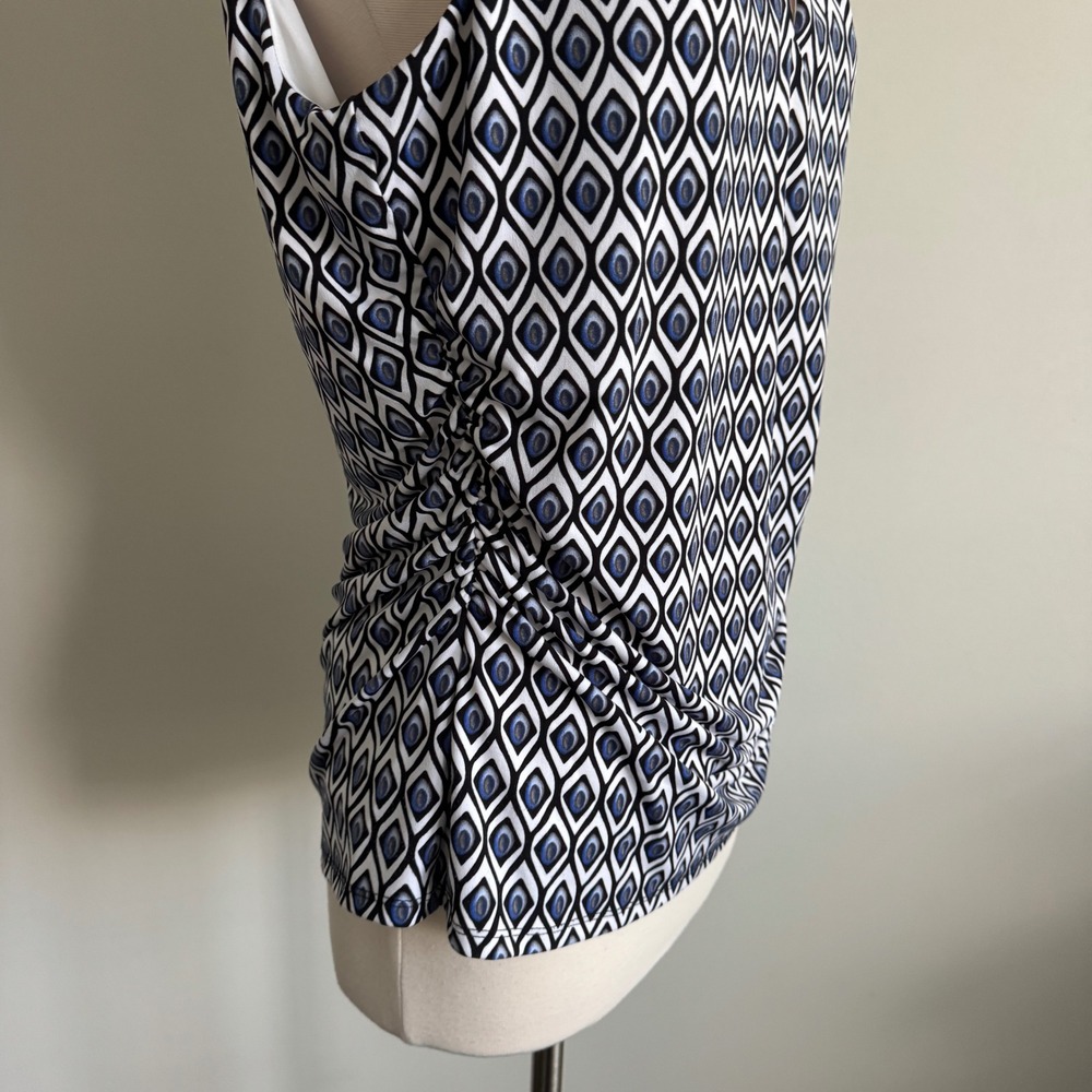 White House Black Market Blue Geometric Print Ruched V-Neck Blouse Large - Picture 3 of 6